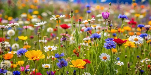 vibrant meadow wildflowers blooming in a busy, chaotic arrangement, sense of movement and energy