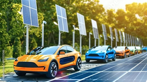 Electric vehicles lined up beside solar panels on a sunny day. photo