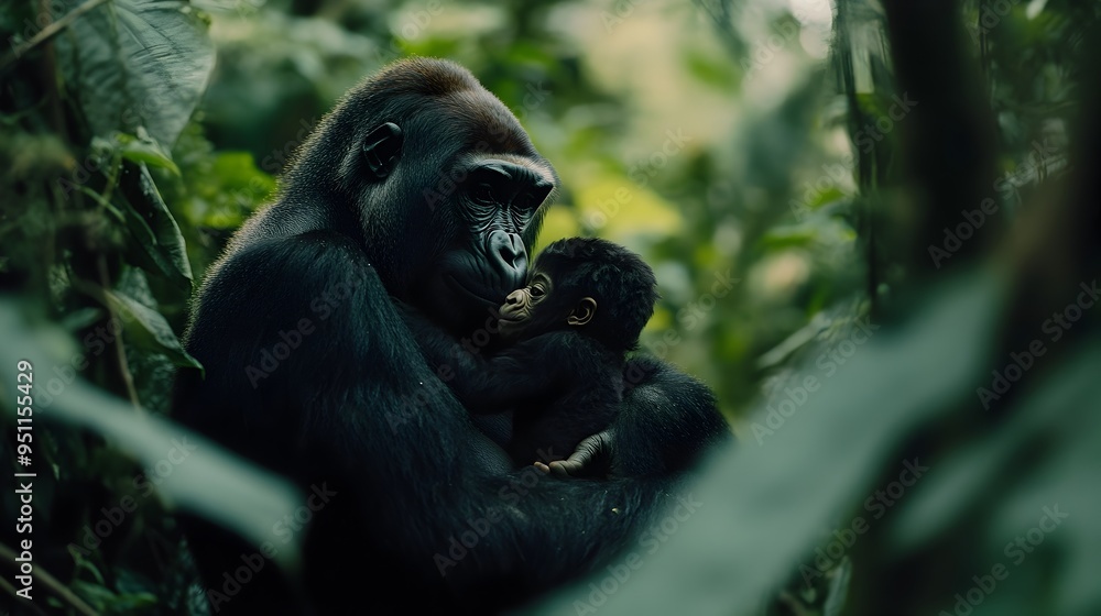 Obraz premium Gorilla Mother Embracing Infant in Lush Jungle Habitat