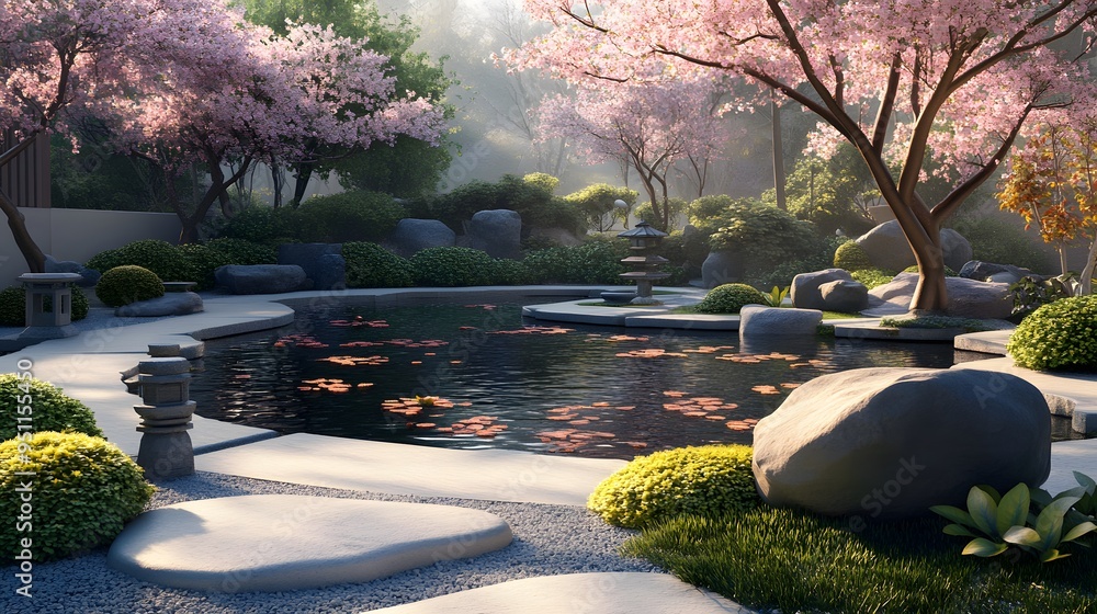 Peaceful Japanese garden with cherry blossoms koi fish ponds and stone ...