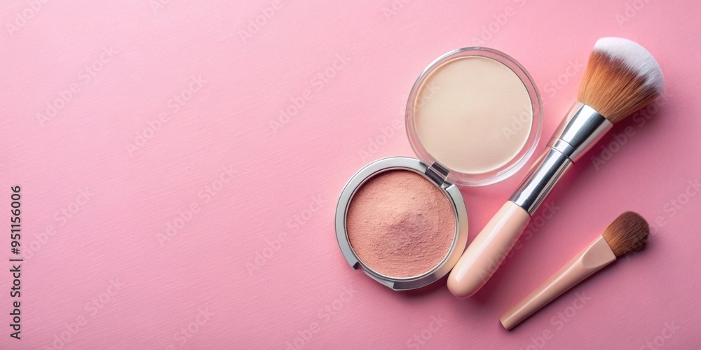 Mineral compact powder, make-up brush, and sponge on a pink background , beauty, cosmetics, makeup, fashion Mineral compact powder, make-up brush, and sponge on a pink background , beauty, cosmetics, makeup, fashion