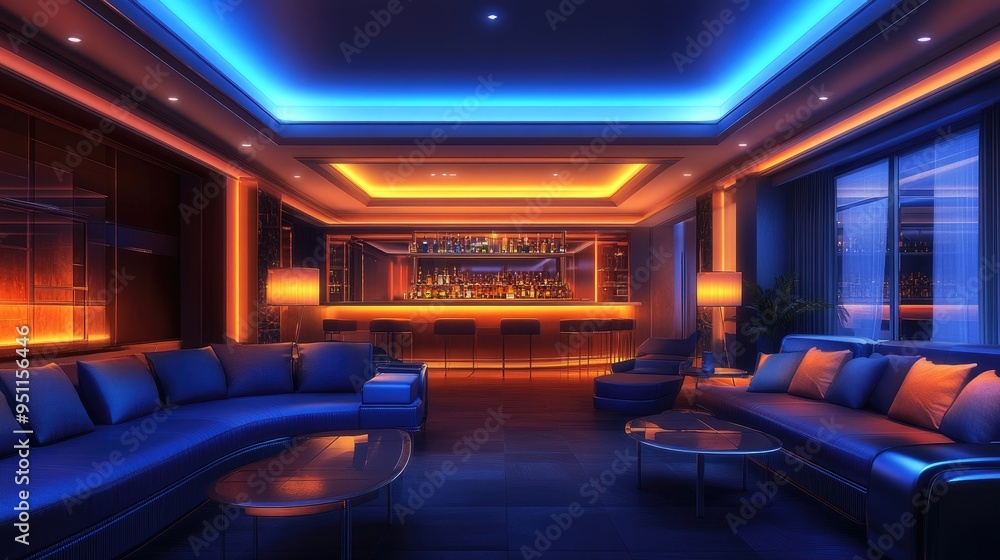 Smart lighting system, futuristic ceiling panels, in a living room, glowing in various colors Smart lighting system, futuristic ceiling panels, in a living room, glowing in various colors