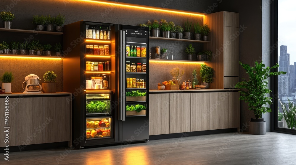 Smart refrigerator with AI recipe suggestions and health tracking, modern design, in a kitchen, softly glowing under room lights Smart refrigerator with AI recipe suggestions and health tracking, modern design, in a kitchen, softly glowing under room lights