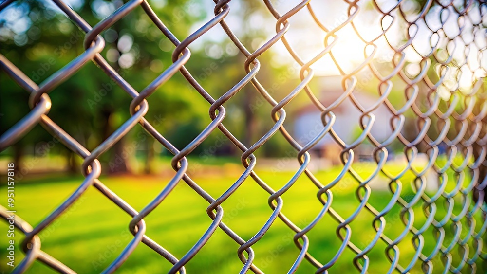 Fototapeta premium Close-up of chain link fence with blurred background symbolizing security, boundaries, confinement, protection, and restriction