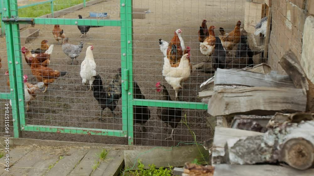 Full no people shot of flock of multicoloured domestic hens free roaming in spacious enclosure behind wire fence at family farm, stack of firewood in foreground Full no people shot of flock of multicoloured domestic hens free roaming in spacious enclosure behind wire fence at family farm, stack of firewood in foreground