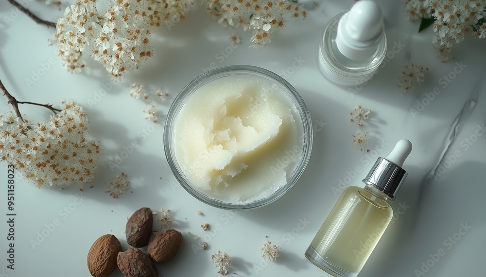 Natural Shea butter on glass liquid bottle for skincare ingredient or cooking Natural Shea butter on glass liquid bottle for skincare ingredient or cooking