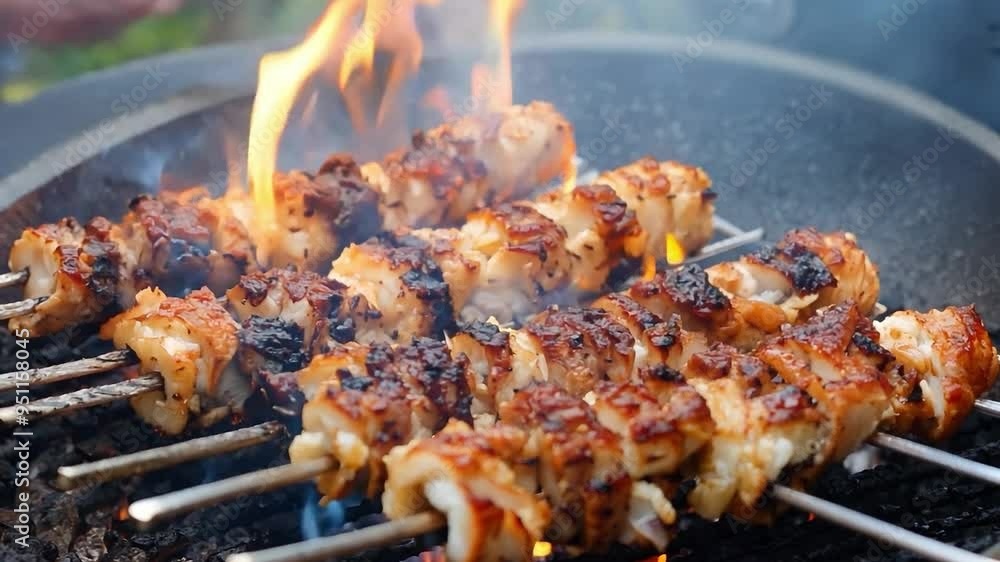 Grilling delicious skewered meat over open flames Grilling delicious skewered meat over open flames
