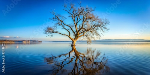 A leafless tree standing tall in a serene lake with skeletal branches reaching towards a blue sky