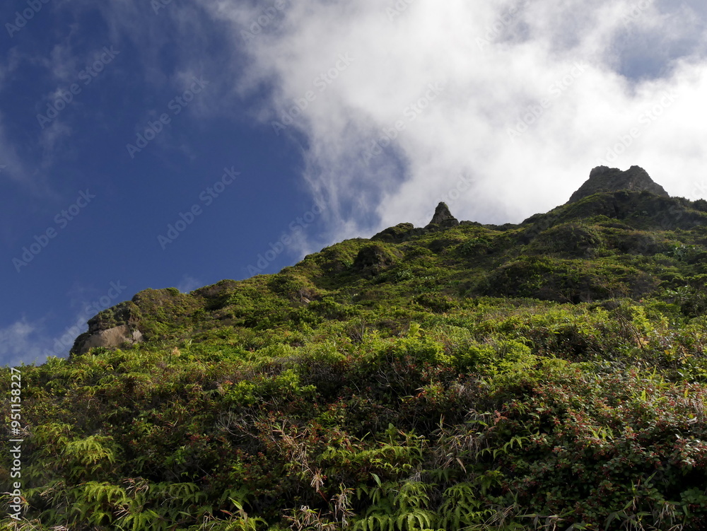 Volcanic landscape of soufriere peak in guadeloupe national park, high mountain and active volcano in lesser antilles with blue sky and cloud Volcanic landscape of soufriere peak in guadeloupe national park, high mountain and active volcano in lesser antilles with blue sky and cloud