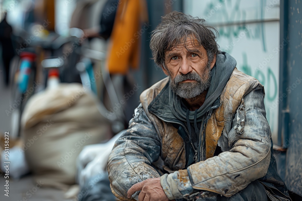 Homeless man sitting on the street. Homeless man sitting on the street.