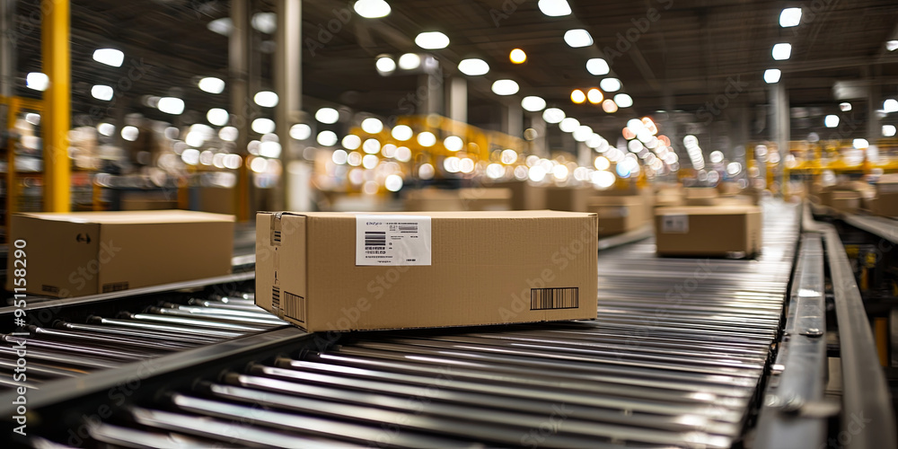 Cardboard boxes on conveyor belts in a warehouse, generative AI Cardboard boxes on conveyor belts in a warehouse, generative AI