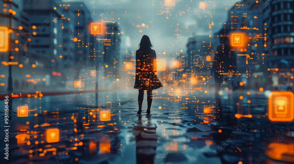 Silhouette of a person standing in a futuristic city with digital orange data overlays Silhouette of a person standing in a futuristic city with digital orange data overlays