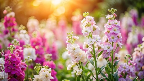 Fototapeta Naklejka Na Ścianę i Meble -  Delicate matthiola incana flowers in a sun-kissed Mediterranean garden setting