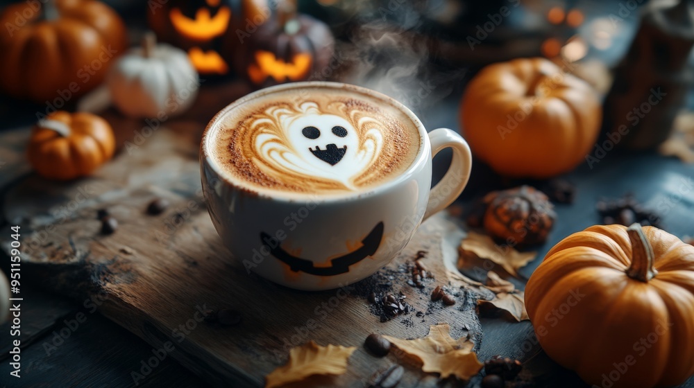A spooky Halloween coffee with ghost latte art surrounded by pumpkins and leaves, creating a festive autumn ambiance. A spooky Halloween coffee with ghost latte art surrounded by pumpkins and leaves, creating a festive autumn ambiance.