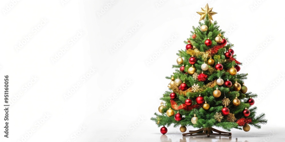 Decorated Christmas tree on white background, Christmas, holiday, festive, ornaments, tradition, celebration, lights Decorated Christmas tree on white background, Christmas, holiday, festive, ornaments, tradition, celebration, lights