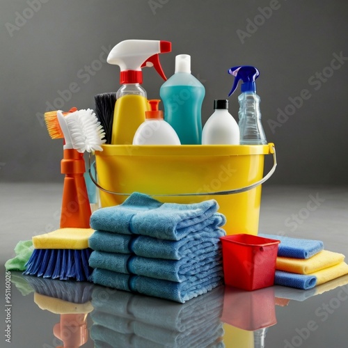 Cleaning services process and equipment hq images, mops, brushes, bucket photo