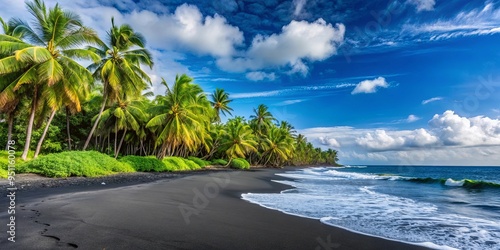 Dramatic black sand beach with lush tropical vegetation and palm trees swaying under a bright blue sky