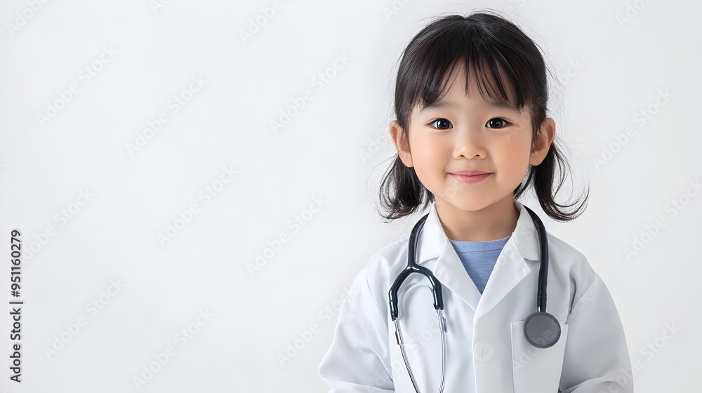 Asian Child Dressed as Doctor in Medical Uniform with Lab Coat and Stethoscope on White Background Asian Child Dressed as Doctor in Medical Uniform with Lab Coat and Stethoscope on White Background