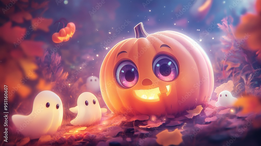 Charming Halloween scene with a cute, glowing jack-o'-lantern and adorable ghost figures amidst autumn foliage and vibrant pumpkins. Charming Halloween scene with a cute, glowing jack-o'-lantern and adorable ghost figures amidst autumn foliage and vibrant pumpkins.