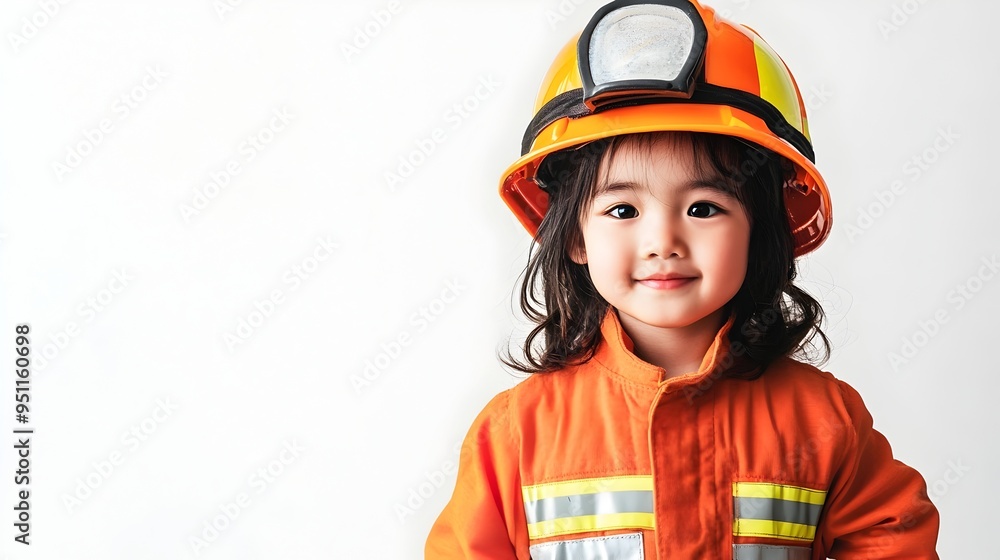Asian Child Firefighter in Uniform Standing Against Clean White Background Asian Child Firefighter in Uniform Standing Against Clean White Background