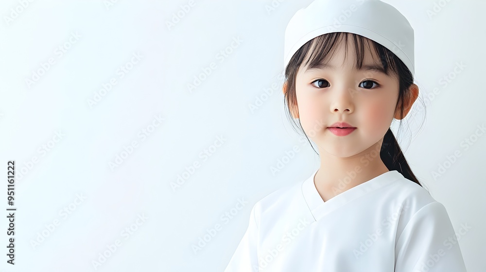 Asian Nurse Child in Uniform with Cap Standing Against White Background Asian Nurse Child in Uniform with Cap Standing Against White Background