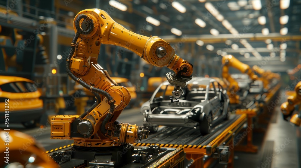 Futuristic Car Manufacturing. Automated robot in a high-tech factory Futuristic Car Manufacturing. Automated robot in a high-tech factory