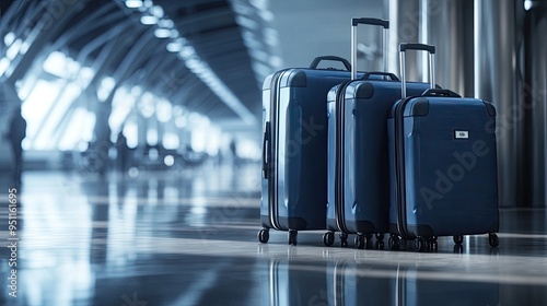 Wide banner featuring luggage suitcases in an airport setting, perfect for business travel, vacation planning