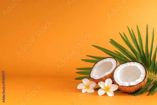 Tropical coconut and banana with flowers for South India harvest festival. Traditional food onasadya. Happy Onam. Indian religious concept. Template with copy space for banner, poster, greeting card photo