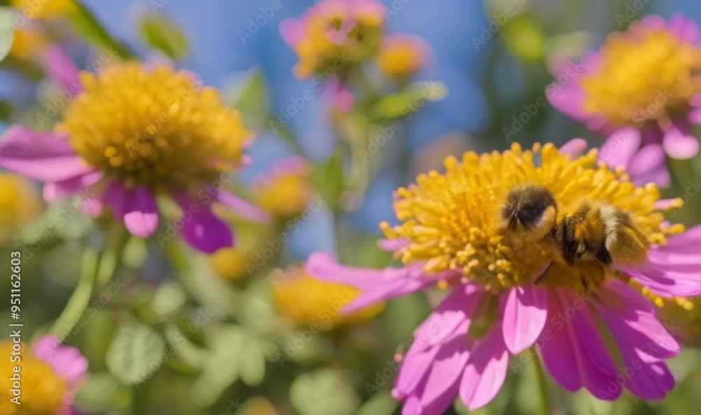 Bee Pollination: Zoom in on a bee as it buzzes from flower to flower, collecting pollen and spreading it, emphasizing its busy nature. Bee Pollination: Zoom in on a bee as it buzzes from flower to flower, collecting pollen and spreading it, emphasizing its busy nature.