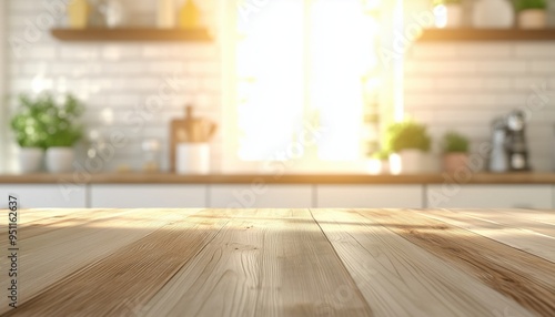 Empty wooden table in kitchen room with blurred background bright sunlight