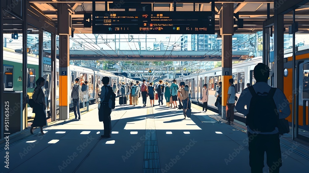 Fototapeta premium Bustling Train Station Entrance with Commuters in Motion