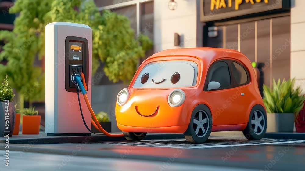 Fototapeta premium Cheerful 3D Clay Electric Car Charging at a Futuristic Station