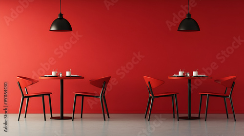 Modern Red Interior Design - Two Tables with Chairs and Lamps for Your Restaurant or Cafe