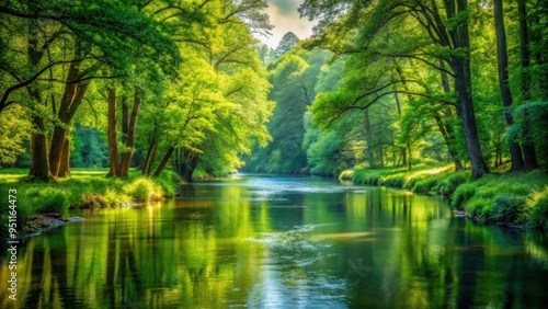 Scenic forest landscape with tranquil river running through lush green trees, nature, serenity, peaceful, beauty