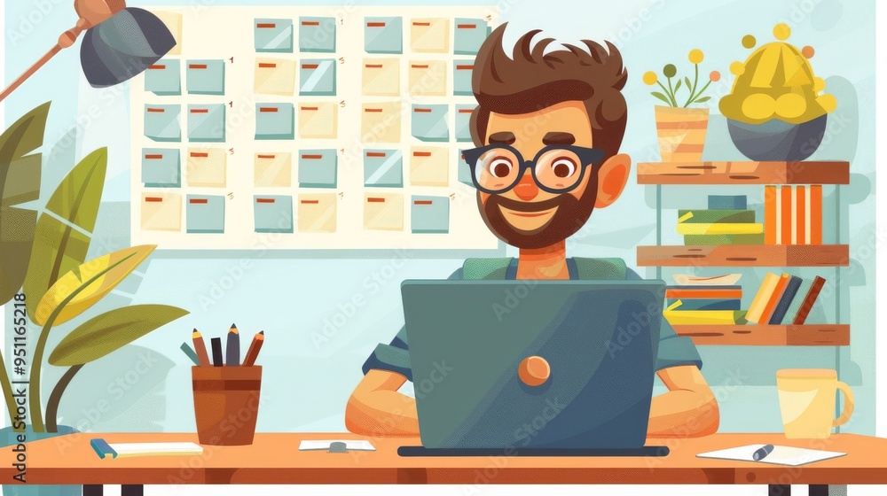 Cartoon vector individual organizing tasks with a planner and laptop at home Cartoon vector individual organizing tasks with a planner and laptop at home