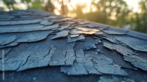 Zoomed-in shot of asphalt shingles showing severe hail damage, with cracked and dented surfaces, captured under bright, natural sunlight