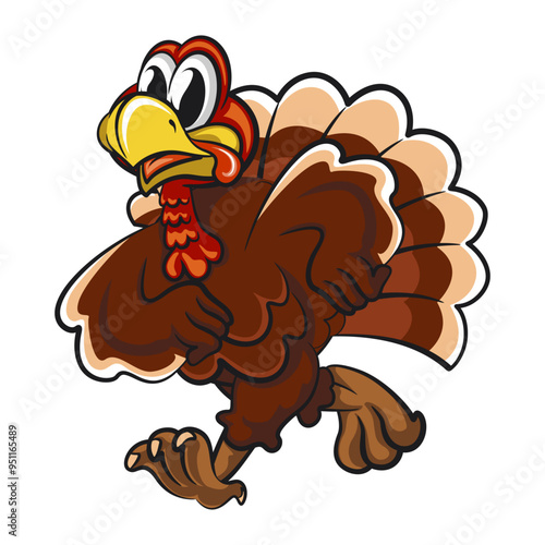 The cartoon thanksgiving character mascot of a turkey walking, work of handmade