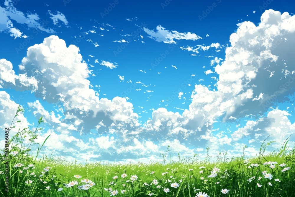 A picturesque landscape of a green field with white daisies, blue sky and fluffy white clouds. A picturesque landscape of a green field with white daisies, blue sky and fluffy white clouds.
