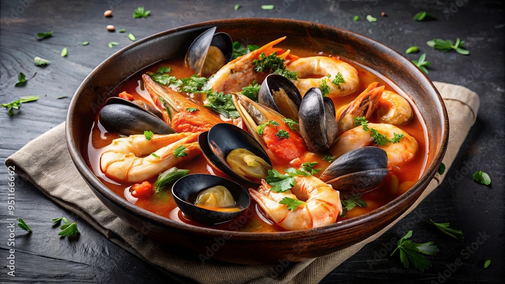 Savory seafood cioppino in dark bowl, showcasing a delectable medley of shellfish in a flavorful broth Savory seafood cioppino in dark bowl, showcasing a delectable medley of shellfish in a flavorful broth