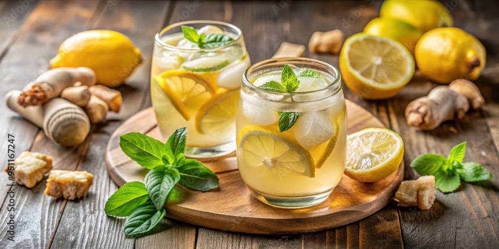 Refreshing organic honey ginger lemonade with hints of basil , beverage, drink, cocktail, non-alcoholic, healthy, refreshing Refreshing organic honey ginger lemonade with hints of basil , beverage, drink, cocktail, non-alcoholic, healthy, refreshing