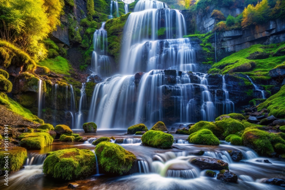 Cascading waterfall hidden power crashes down a moss-covered rocky cliffside, emphasizing the dynamic, high-contrast lighting and vivid colors. Cascading waterfall hidden power crashes down a moss-covered rocky cliffside, emphasizing the dynamic, high-contrast lighting and vivid colors.