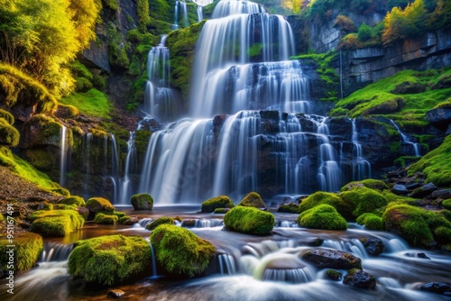 Cascading waterfall hidden power crashes down a moss-covered rocky cliffside, emphasizing the dynamic, high-contrast lighting and vivid colors.