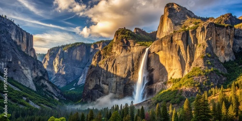 Bridalveil Fall (California) in the afternoon, dramatic shadows cast across rocky landscape, highlighting waterfall's mighty force