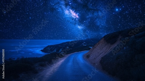 Coastal road under a starry sky, night photography, high contrast, deep blues and blacks, dreamy landscape