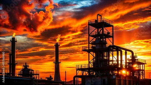 Silhouetted industrial structure against fiery sunset sky creating dramatic contrast