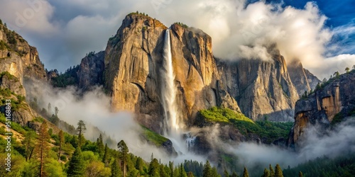 Bridalveil Fall (California) in the afternoon, misty veil rises from base, revealing hidden details