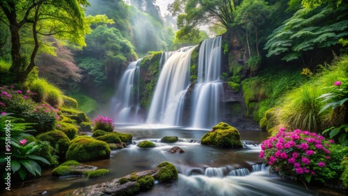 Merdai Falls in June captures the vibrant colors of the surrounding flora, set against the soft, white mist of the waterfall.