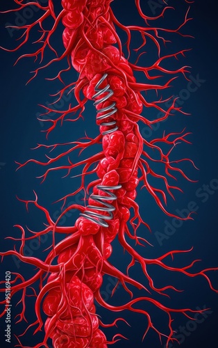 etaile of human bloo vessels with a focus on arteries an veins against a blue backgroun, highlighting circulatory system. photo