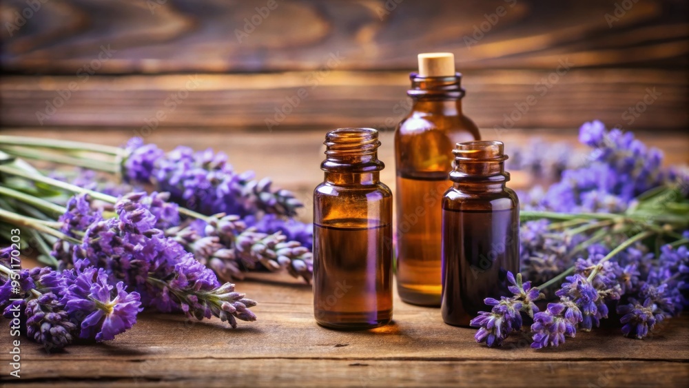 Bottles of essential oils with lavender flowers on wooden background, aromatherapy, relaxation, natural Bottles of essential oils with lavender flowers on wooden background, aromatherapy, relaxation, natural