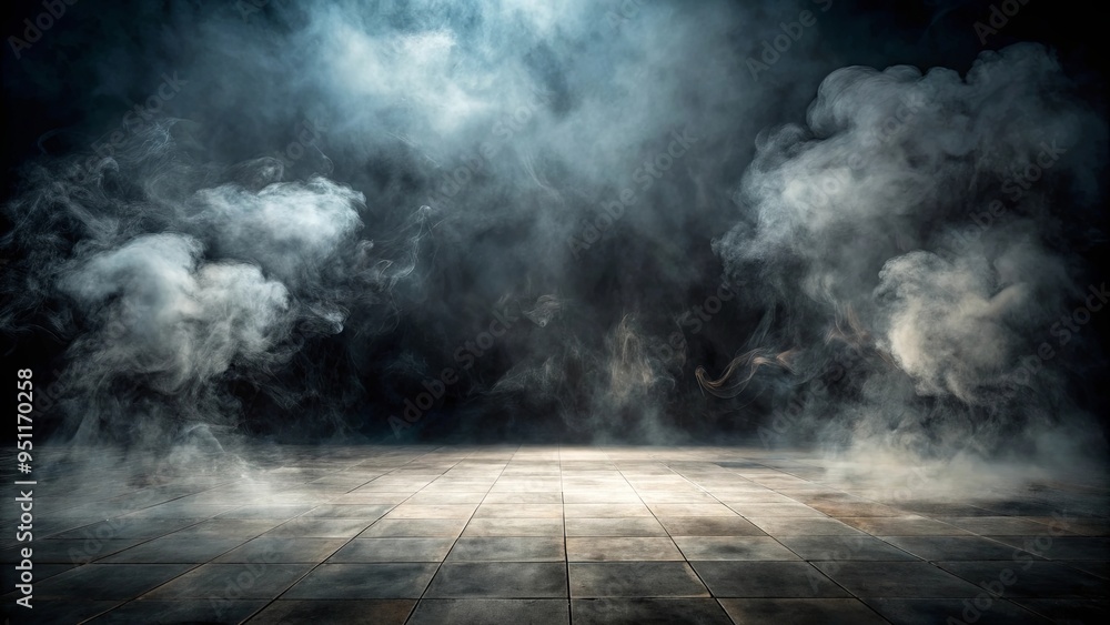 Dark and eerie empty floor filled with smoke, creating a mysterious atmosphere Dark and eerie empty floor filled with smoke, creating a mysterious atmosphere